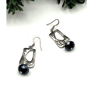 Silver Tone Geometric Drop Earrings With Black Faceted Beads